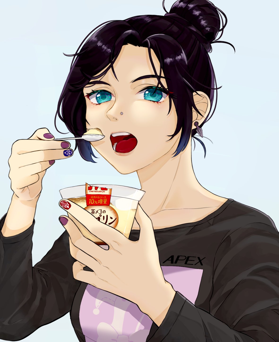 1girl apex_legends black_hair black_shirt blue_background blue_eyes cha_men_koi collarbone cup earrings eating food highres holding holding_cup holding_spoon jewelry nose_piercing off_shoulder open_mouth piercing portrait pudding purple_nails shirt solo spoon wraith's_kunai wraith_(apex_legends)