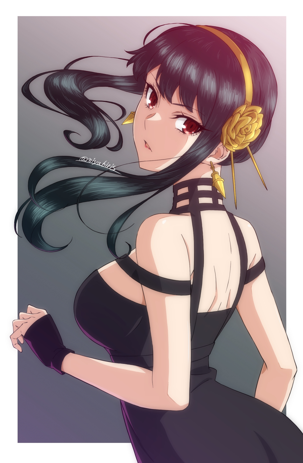 1girl black_dress black_gloves black_hair border breasts dress earrings eyelashes fingerless_gloves floating_hair flower from_side gloves gold_earrings gold_hairband hair_flower hair_ornament head_tilt highres jewelry looking_at_viewer looking_to_the_side medium_breasts miyabi_mt-b parted_lips red_eyes rose sidelocks signature solo spikes spy_x_family upper_body white_border yor_briar