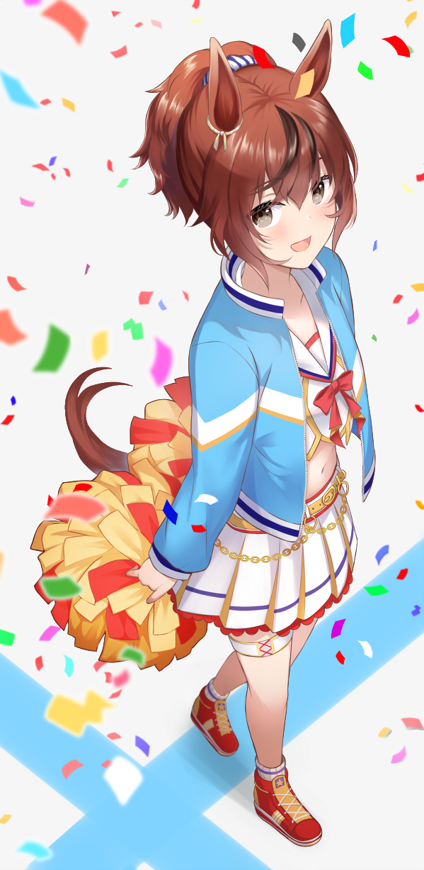 1girl :d animal_ears bangs blue_jacket blush brown_eyes brown_hair commentary_request confetti crop_top eyebrows_visible_through_hair flower from_above full_body grey_background hair_between_eyes highres holding horse_ears horse_girl horse_tail jacket long_sleeves looking_at_viewer looking_up mashiro_aa multicolored_hair navel nice_nature_(run&amp;win)_(umamusume) nice_nature_(umamusume) open_clothes open_jacket pleated_skirt pom_pom_(cheerleading) ponytail puffy_long_sleeves puffy_sleeves red_flower ribbed_legwear roar_yell!_tracen_academy_cheerleading_squad_(umamusume) sailor_collar shirt shoes skirt sleeves_past_wrists smile socks solo streaked_hair tail umamusume walking white_legwear white_sailor_collar white_shirt white_skirt