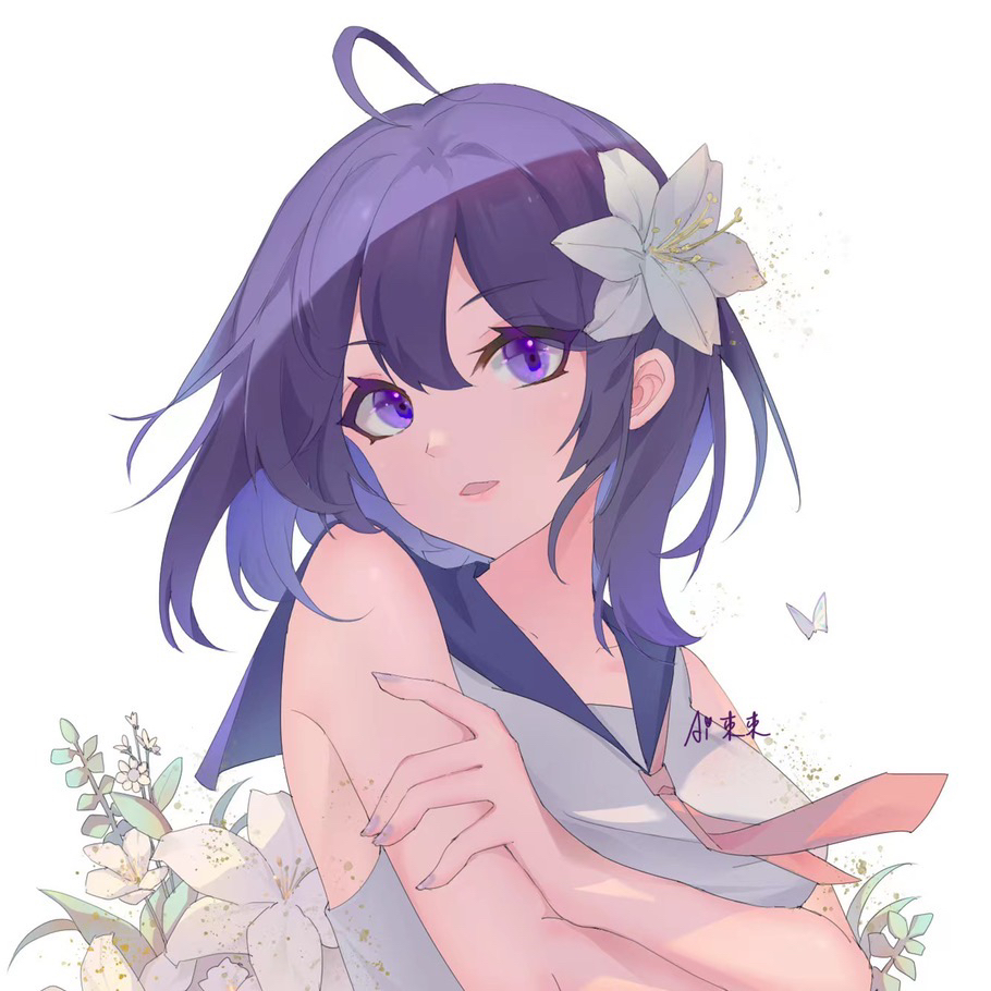 1girl ai_dongdong alternate_eye_color bangs bare_shoulders eyebrows_visible_through_hair floral_background flower hair_between_eyes hair_flower hair_ornament honkai_(series) honkai_impact_3rd lily_(flower) looking_at_viewer multicolored_hair neckerchief open_mouth purple_hair rose sailor_collar seele_vollerei short_hair signature sleeveless solo two-tone_hair violet_eyes white_flower white_rose