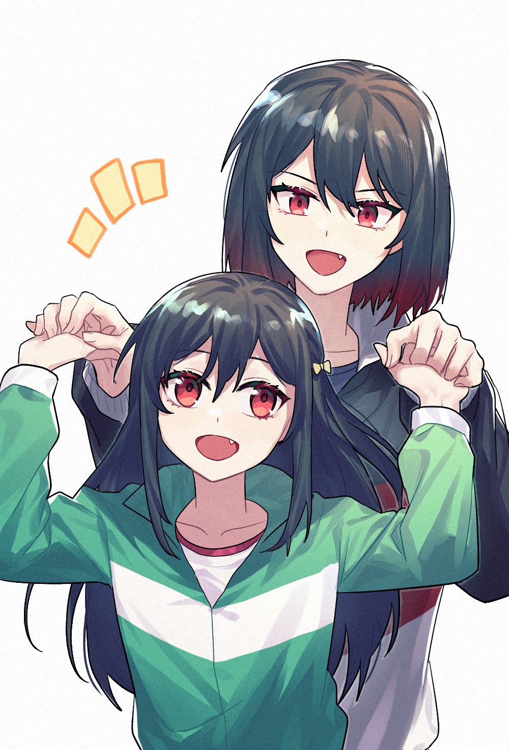 bangs black_hair dark_green_hair fang hair_ribbon highres long_hair love_live! love_live!_nijigasaki_high_school_idol_club mifune_kaoruko mifune_shioriko orange_eyes red_eyes ribbon short_hair siblings simple_background sisters sportswear swept_bangs white_background xunyuyy younger