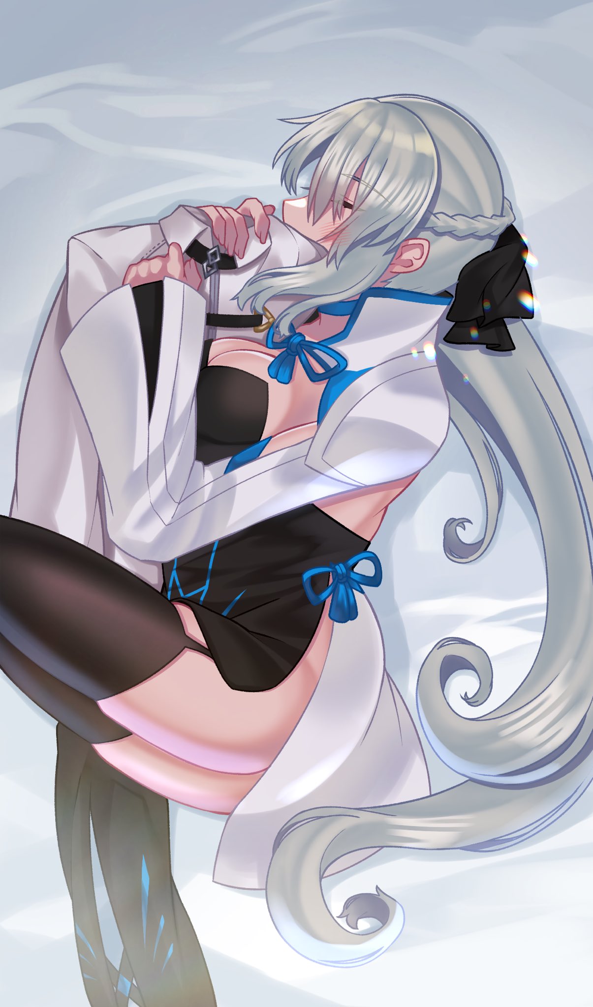 1girl akio_(akio1124) bed_sheet black_bow blush bow braid breasts chaldea_uniform closed_eyes fate/grand_order fate_(series) french_braid grey_eyebrows grey_hair highres long_hair lying medium_breasts morgan_le_fay_(fate) no_panties object_hug on_bed on_side side_slit skirt sleeping solo thigh-highs two-tone_dress white_skirt