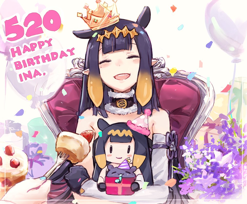 1girl balloon bangs bare_shoulders blue_nails blunt_bangs blush box cake character_doll choker closed_eyes commentary confetti crown dated doll_hug english_commentary facing_viewer feeding flower food fork fruit fur-trimmed_choker gift gift_bag gift_box gradient_hair happy_birthday hat holding holding_box holding_fork hololive hololive_english mole mole_under_eye multicolored_hair ninomae_ina'nis object_hug open_mouth party_hat pointy_ears purple_flower purple_hair smile solo_focus strawberry strawberry_shortcake tako_(ninomae_ina'nis) upper_body virtual_youtuber yuuyu_(777)