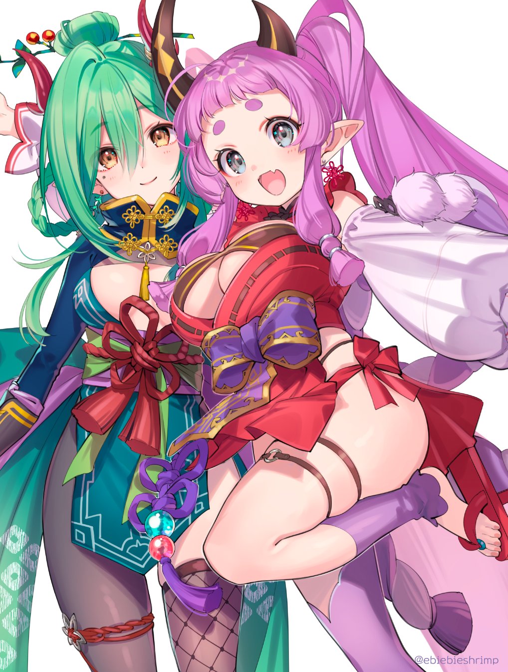 2girls bangs black_eyes braid breasts character_request closed_mouth earrings fang flower_knot green_hair hair_between_eyes hair_rings highres hikimayu horns indie_virtual_youtuber jewelry large_breasts long_hair looking_at_viewer medium_breasts multiple_girls open_mouth pantyhose pink_hair pointy_ears ponytail shuri_(84k) single_leg_pantyhose single_thighhigh skin_fang skindentation smile thick_eyebrows thigh-highs thigh_strap twitter_username virtual_youtuber yellow_eyes