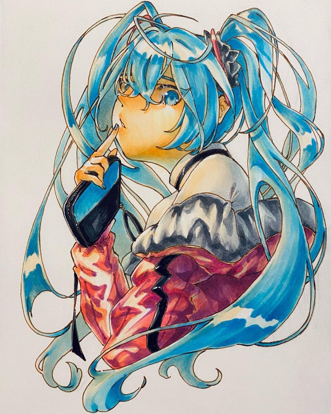 1girl bag bangs blue_eyes blue_hair blue_nails chinese_commentary finger_to_mouth from_side hair_behind_ear hatsune_miku highres holding holding_bag jacket long_hair marker_(medium) mochi._(mochi_kga) off_shoulder parted_lips red_jacket shirt solo traditional_media vocaloid white_background white_shirt