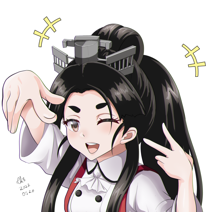 ascot black_hair brown_eyes collared_shirt dated forehead hair_ornament hair_tie headgear high_ponytail kantai_collection long_hair long_sleeves multi-tied_hair neckerchief nisshin_(kancolle) official_alternate_costume one_eye_closed open_mouth red_ribbon ribbon shirt short_eyebrows signature smile suspenders thick_eyebrows tk8d32 upper_body v very_long_hair white_neckerchief white_shirt