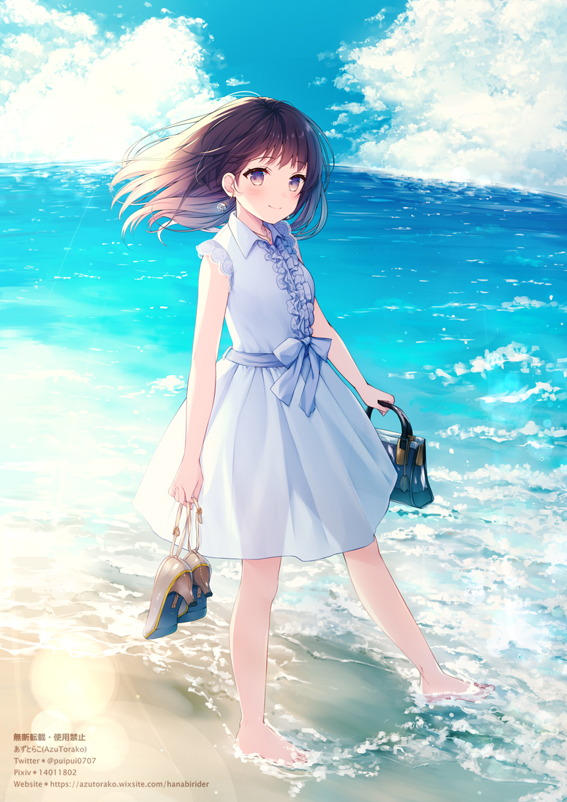 1girl azu_torako bag bangs banned_artist barefoot beach blue_sky brown_eyes brown_hair center_frills closed_mouth clouds cloudy_sky collared_dress commentary_request day dress eyebrows_visible_through_hair frills full_body grey_footwear high_heels holding holding_bag holding_clothes holding_footwear holding_shoes horizon long_hair looking_at_viewer ocean original outdoors sand shoes shoes_removed sky sleeveless sleeveless_dress smile solo walking water watermark web_address white_dress