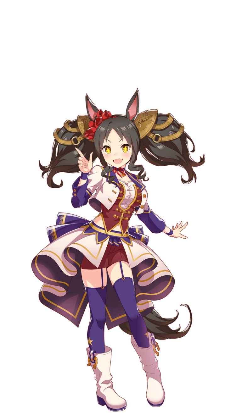 +_+ 1girl animal_ears black_hair common_race_outfit_(umamusume) full_body garter_straps highres horse_ears horse_tail horseshoe_ornament marvelous_sunday_(umamusume) official_alternate_costume official_art orange_eyes pendant_choker shoes solo tail transparent_background twintails