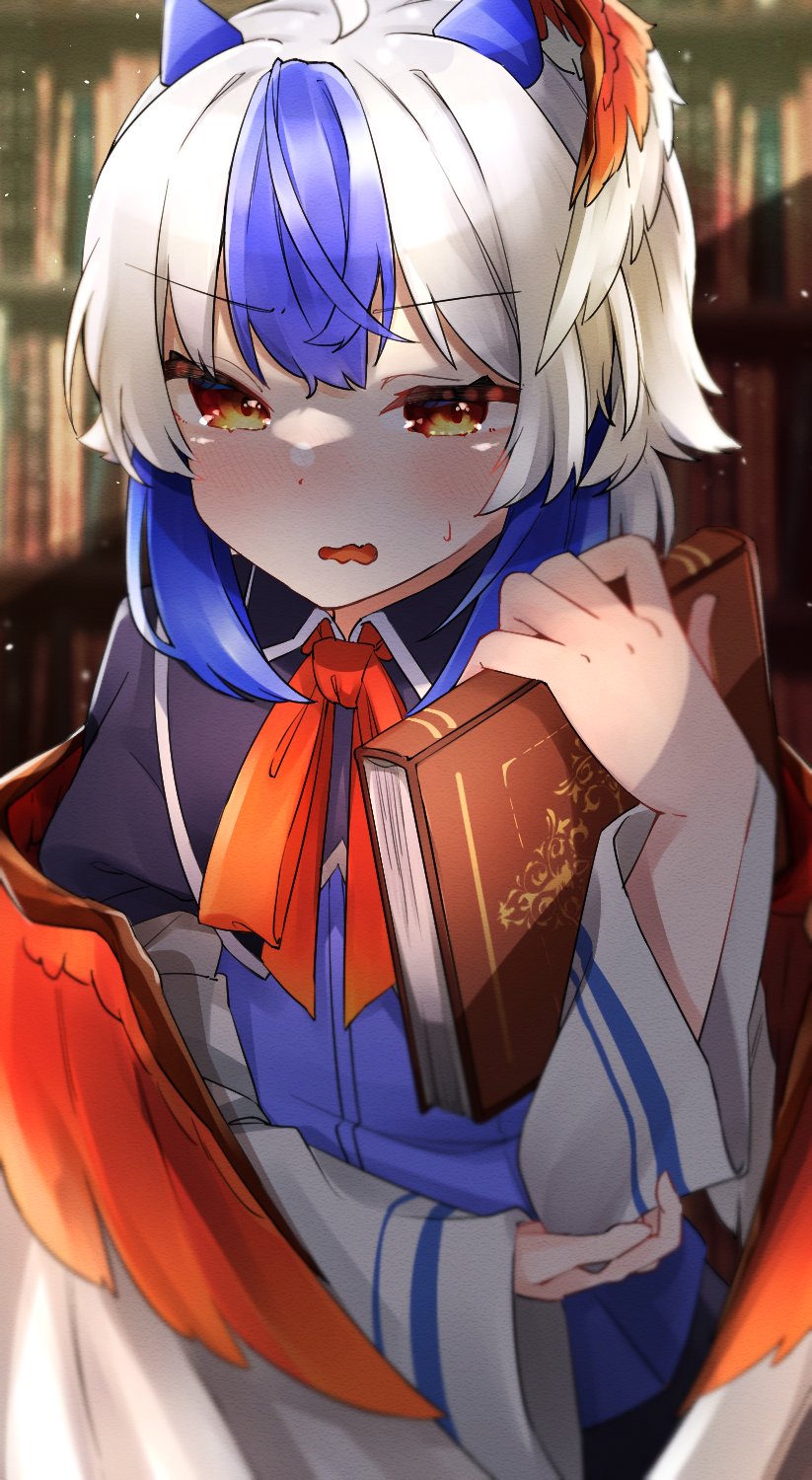 1girl blue_hair blurry blush book bookshelf depth_of_field gunsou1350 head_wings highres holding holding_book horns indoors library long_sleeves multicolored_hair open_book open_mouth short_hair single_head_wing solo tokiko_(touhou) touhou wavy_mouth wide_sleeves wings