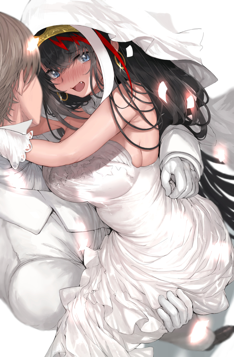 1boy 1girl azur_lane bare_shoulders black_hair blue_eyes blush breasts bridal_veil carrying commentary_request couple deutschland_(azur_lane) dress earrings fang formal gloves hetero highres hoop_earrings husband_and_wife jewelry large_breasts multicolored_hair open_mouth princess_carry redhead sleeveless sleeveless_dress strapless strapless_dress streaked_hair suit takeakigaku veil wedding_dress white_dress white_gloves white_suit