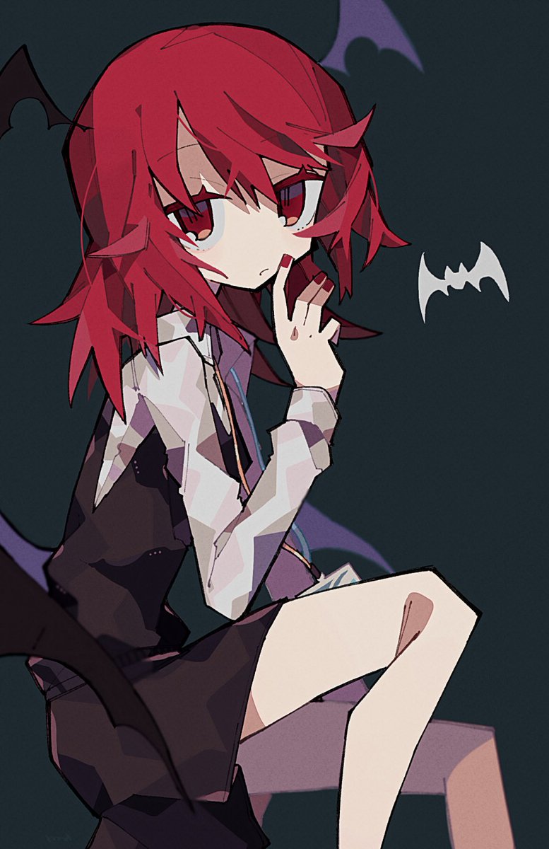 1girl bat black_dress closed_mouth commentary demon_wings dress feet_out_of_frame fingernails from_side frown grey_background hair_between_eyes hand_up head_wings highres koakuma long_hair long_sleeves looking_at_viewer looking_to_the_side mamimu_(ko_cha_22) nail_polish red_eyes red_nails redhead shirt simple_background sleeve_cuffs solo touhou white_shirt wings