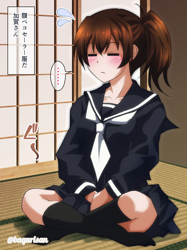 ... 1girl akichin_(atelier_baguri) black_legwear black_serafuku black_shirt black_skirt brown_hair closed_eyes hungry indian_style kaga_(kancolle) kantai_collection kneehighs long_hair long_sleeves miniskirt necktie pleated_skirt school_uniform serafuku shirt short_sidetail side_ponytail sitting skirt solo speech_bubble spoken_ellipsis stomach_growling translation_request white_necktie