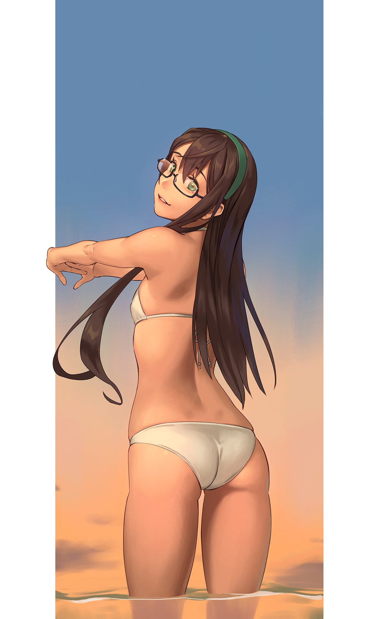 1girl ass bikini breasts brown_hair from_behind glasses green_eyes green_hairband hairband highres in_water kantai_collection long_hair looking_at_viewer looking_back ooyodo_(kancolle) outstretched_arms semi-rimless_eyewear sky small_breasts solo swimsuit thigh_gap under-rim_eyewear white_bikini yuuji_(and)