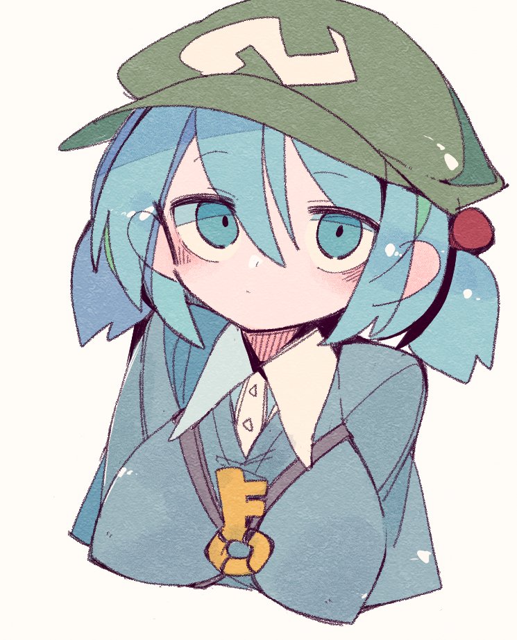 1girl bangs blue_eyes blue_hair breasts closed_mouth cropped_torso eyebrows_visible_through_hair flat_cap green_headwear hair_between_eyes hair_bobbles hair_ornament hat kawashiro_nitori key large_breasts looking_at_viewer massakasama short_hair simple_background solo touhou two_side_up