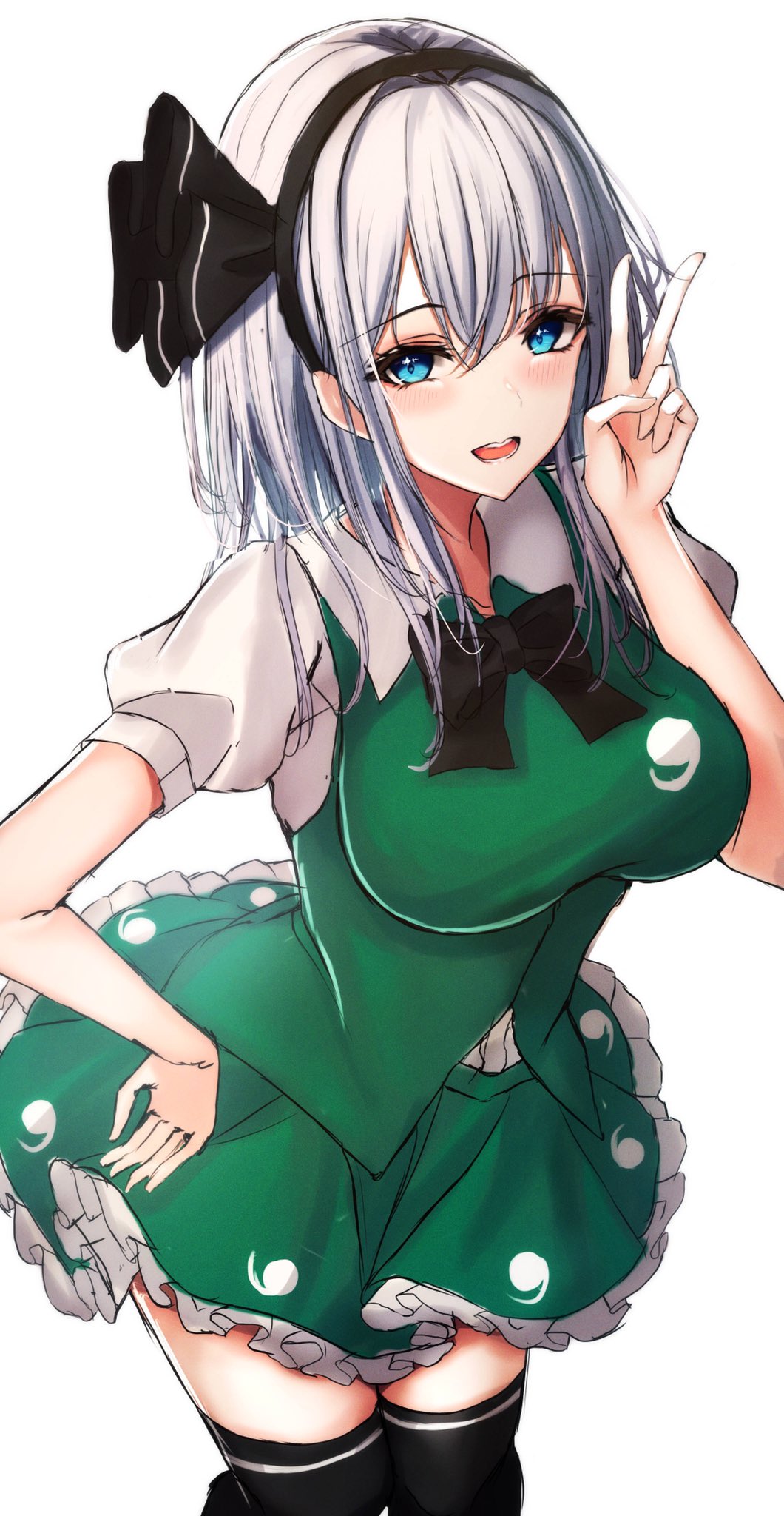 .me 1girl bangs black_bow black_bowtie black_hairband black_legwear black_ribbon blue_eyes blush bow bowtie breasts collared_shirt eyebrows_visible_through_hair frills ghost_print green_skirt green_vest grey_hair grey_shirt hair_between_eyes hairband hand_on_hip hand_up highres hitodama_print konpaku_youmu large_breasts looking_at_viewer miniskirt open_mouth puffy_short_sleeves puffy_sleeves ribbon shirt short_hair short_sleeves simple_background skirt smile solo standing teeth thigh-highs tongue touhou v vest white_background