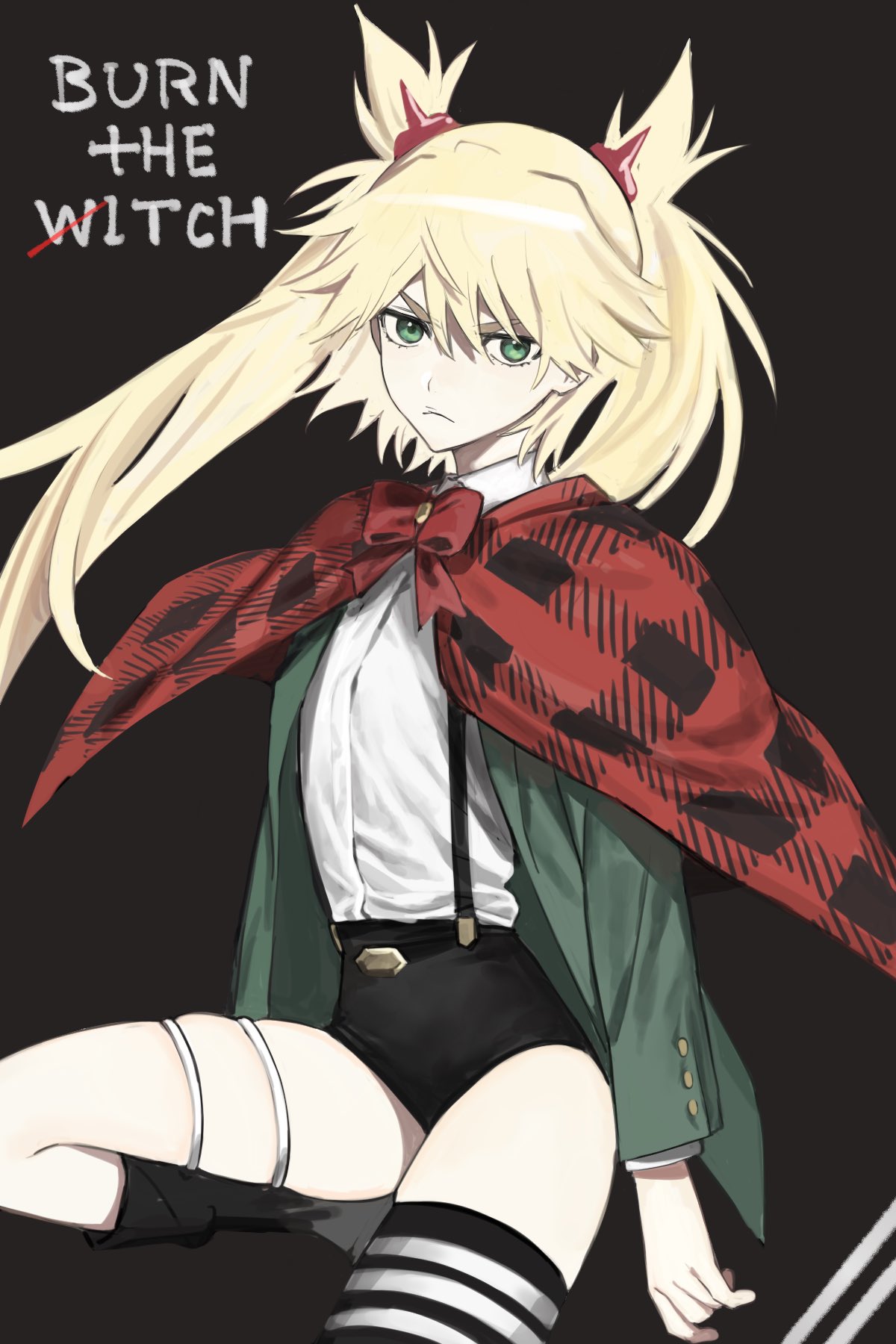 1girl black_legwear blonde_hair bow burn_the_witch capelet checkered checkered_clothes closed_mouth copyright_name eyebrows_visible_through_hair frown green_eyes grey_background hair_between_eyes highres long_hair looking_at_viewer ninny_spangcole plaid plaid_capelet red_bow red_capelet simple_background single_thighhigh skindentation solo striped striped_legwear thigh-highs thigh_strap twintails xxxsoiu1
