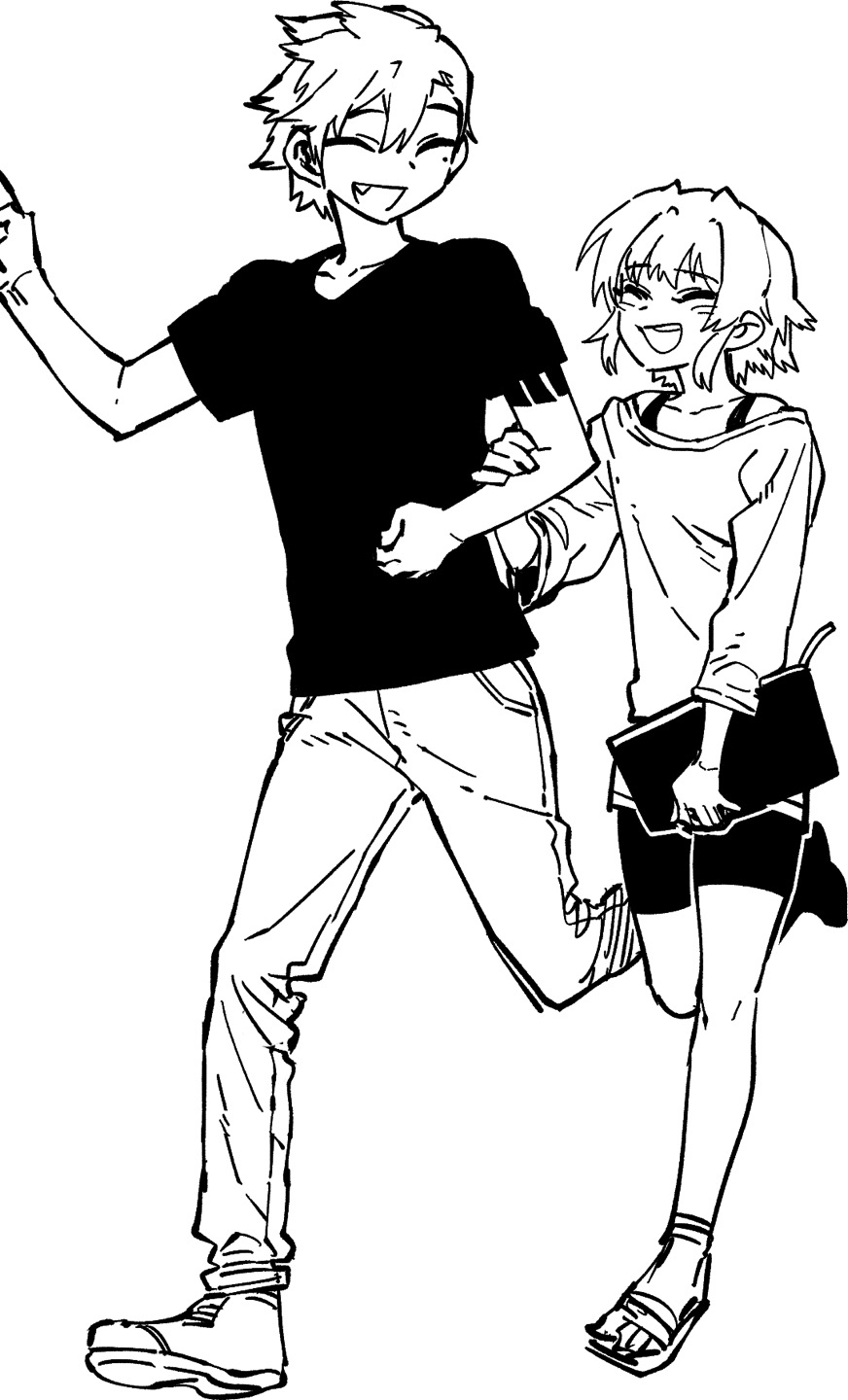 1boy 1girl arm_grab closed_eyes fang genderswap genderswap_(mtf) greyscale hair_between_eyes height_difference highres jeong_sana jeong_surim monochrome open_mouth parkgee sandals short_hair suicide_boy