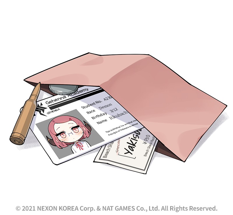 1girl aru_(blue_archive) bangs blue_archive blush bullet coin donmin_h english_text glasses hair_ribbon holding horns id_card long_sleeves looking_at_viewer official_art parted_bangs pink_hair red_ribbon redhead ribbon shirt solo wallet watermark white_background
