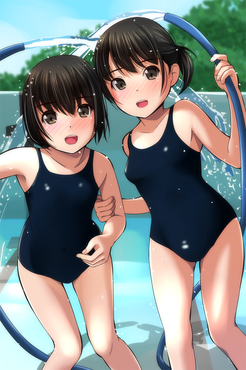 2girls :d bangs bare_arms bare_shoulders blue_sky blue_swimsuit blurry blurry_background blush bob_cut breasts brown_eyes day depth_of_field eyebrows_visible_through_hair flat_chest hand_on_another's_shoulder highres holding hose hose_nozzle looking_at_viewer matsunaga_kouyou multiple_girls nose_blush one-piece_swimsuit open_mouth original ponytail pool short_hair side_ponytail sky small_breasts smile swimsuit tree water wet wet_clothes wet_hair