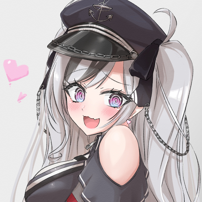 1girl @_@ azur_lane black_corset black_dress black_headwear breasts clothing_cutout confused corset cross dress elbe_(azur_lane) eyebrows_visible_through_hair fang hair_between_eyes hat heart iron_cross large_breasts layered_dress long_hair moa_cere multicolored_hair open_mouth peaked_cap red_armband shoulder_cutout simple_background skin_fang streaked_hair upper_body white_background white_hair