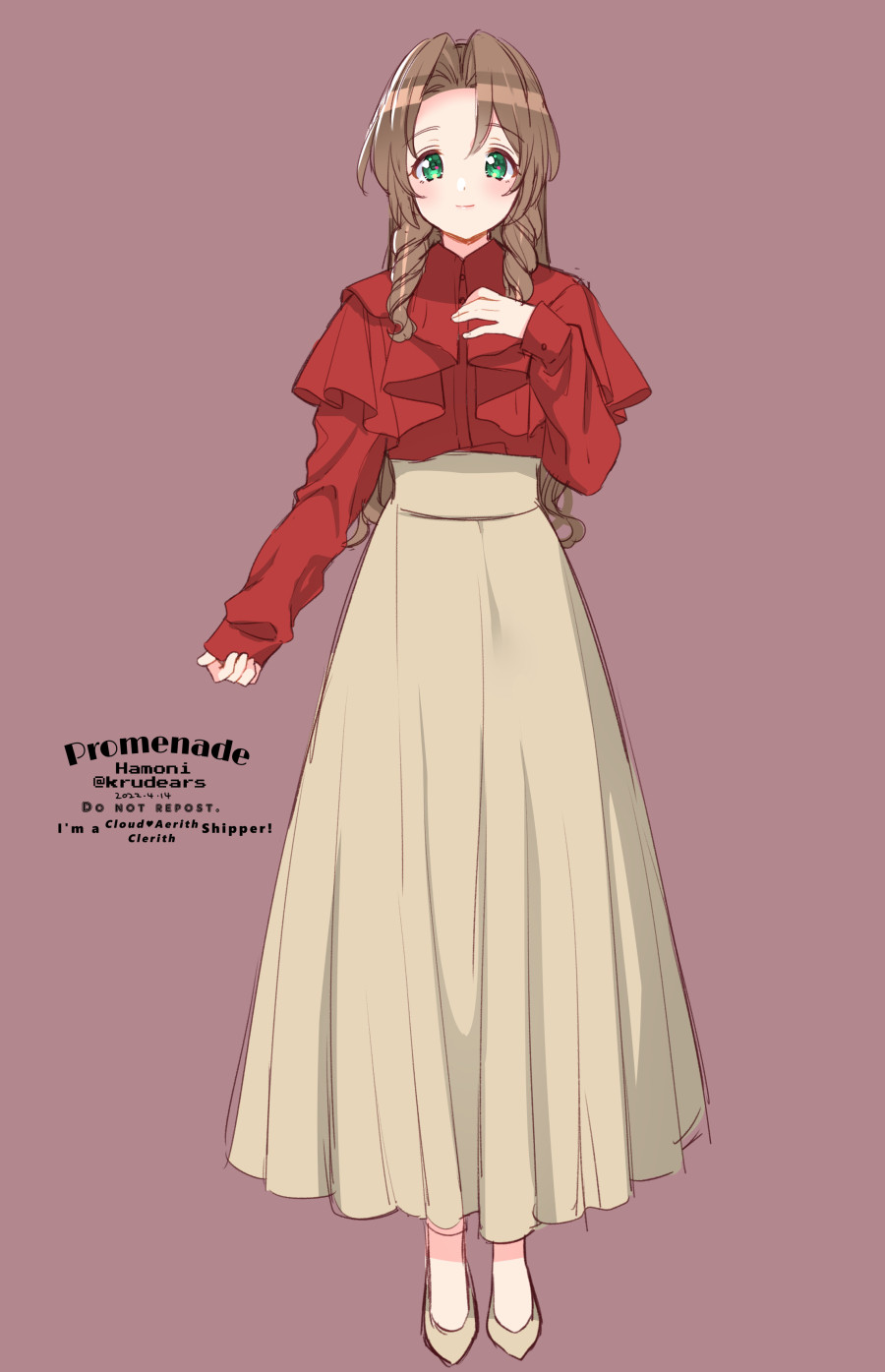 1girl aerith_gainsborough alternate_costume bangs brown_background brown_hair curly_hair final_fantasy final_fantasy_vii final_fantasy_vii_remake frilled_shirt frills full_body green_eyes hair_down hand_on_own_chest highres krudears long_hair long_skirt long_sleeves parted_bangs red_shirt shiny shiny_hair shirt sidelocks skirt solo