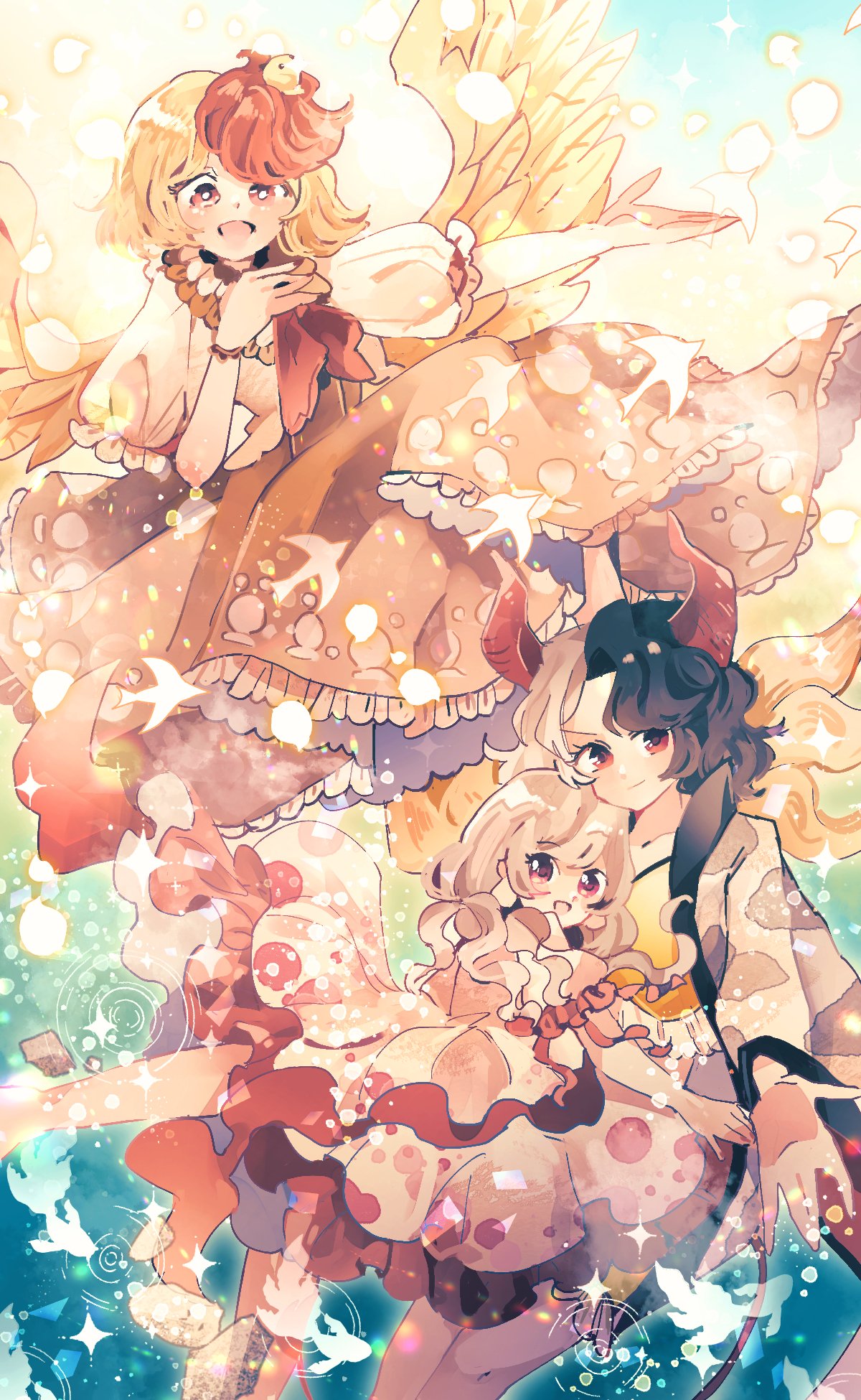 3girls animal_ears animal_on_head animal_print bangs bird bird_on_head bird_tail bird_wings black_hair blonde_hair blouse chick closed_mouth cow_ears cow_girl cow_horns cow_print cow_tail crop_top dress ebisu_eika feathered_wings frilled_shorts frills grey_hair hand_on_own_chest haori highres horns hug japanese_clothes light_brown_hair long_earlobes long_hair looking_at_viewer multicolored_hair multiple_girls music neckerchief niwatari_kutaka on_head open_mouth orange_dress outstretched_arm puffy_short_sleeves puffy_sleeves ratto_(mobilis_1870) red_eyes red_horns red_neckerchief red_tail redhead shirt short_sleeves shorts singing skirt skirt_set smile split-color_hair tail tail_feathers tank_top touhou two-tone_hair ushizaki_urumi white_shirt white_skirt wings yellow_shorts yellow_tank_top yellow_wings