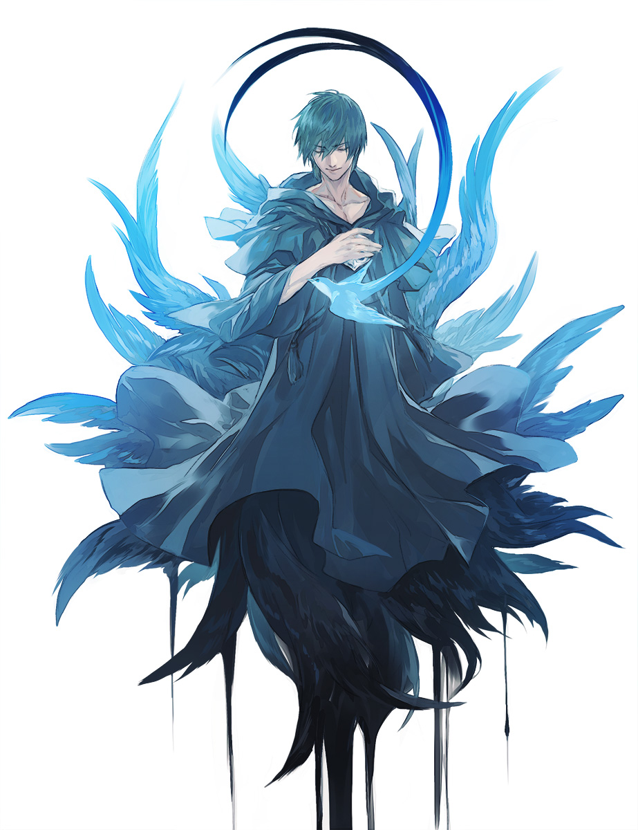 1boy alternate_form bangs bird bird_wings black_capelet black_robe capelet closed_eyes collarbone commentary eyebrows_visible_through_hair eyes_visible_through_hair facing_viewer feathered_wings final_fantasy final_fantasy_xiv full_body hair_between_eyes hand_on_own_chest hermes_(ff14) highres hood hood_down hooded_capelet male_focus mask mask_removed meteion morumoru_(kuromrmr) multiple_wings short_hair simple_background solo symbol-only_commentary white_background wide_sleeves wings