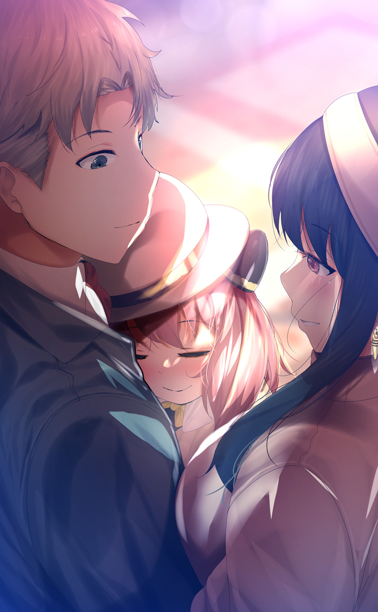 1boy 2girls anya_(spy_x_family) bangs black_hair blonde_hair blush child closed_eyes fumihiko_(fu_mihi_ko) green_eyes hair_cones hairband highres holding long_hair multiple_girls pink_hair red_eyes short_hair sidelocks smile spy_x_family twilight_(spy_x_family) yor_briar