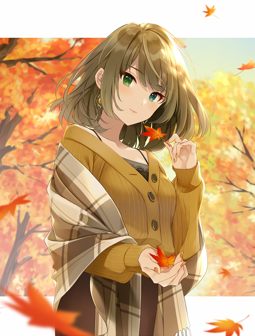 1girl autumn autumn_leaves blue_eyes blurry blurry_foreground brown_hair brown_skirt cardigan closed_mouth collarbone earrings floating_hair green_eyes heterochromia holding idolmaster idolmaster_cinderella_girls jewelry leaf long_hair looking_at_viewer maple_leaf mole mole_under_eye nail_polish orange_cardigan orange_nails q-v_(levia) ribbed_cardigan sash skirt smile solo standing takagaki_kaede