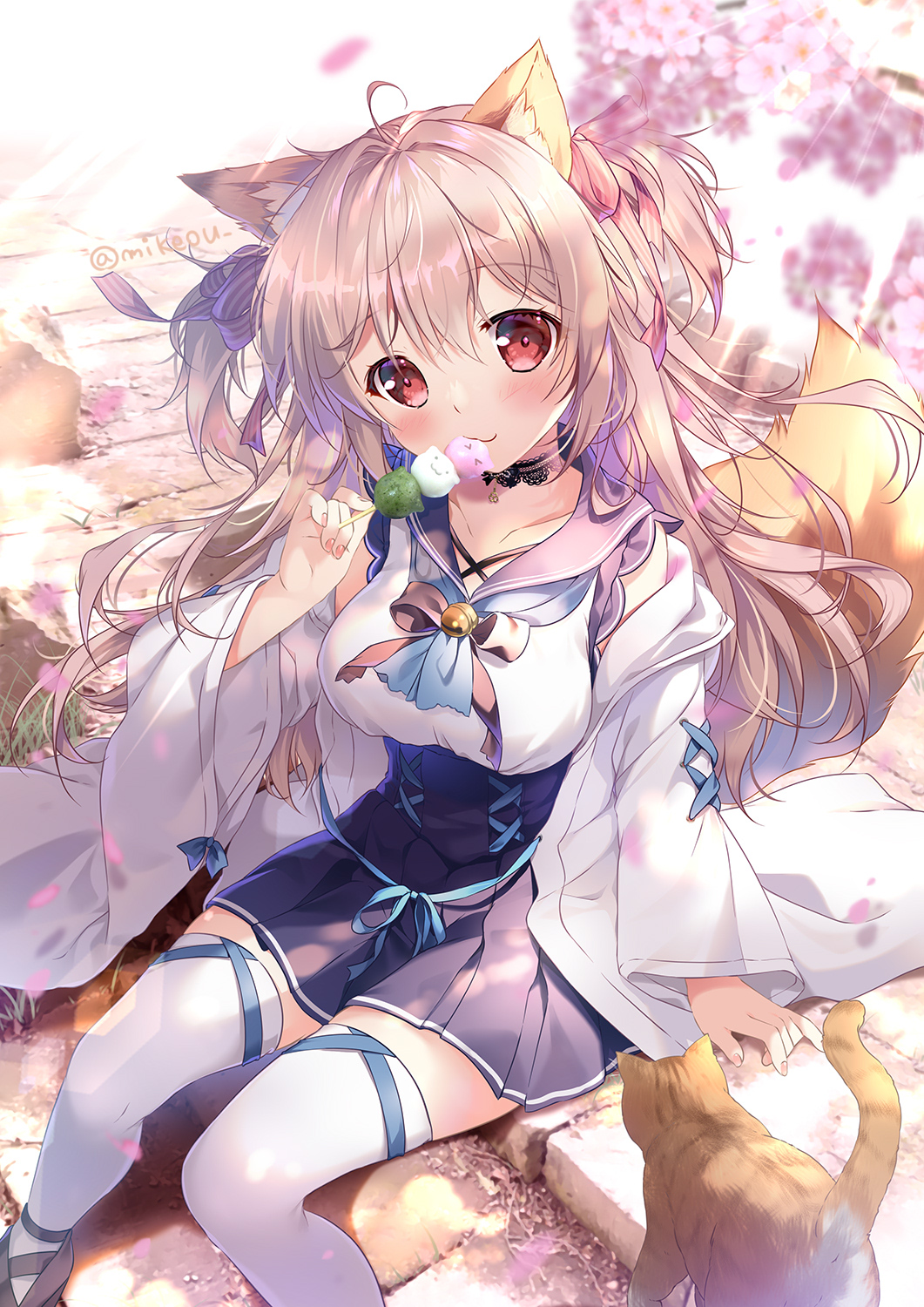 1girl animal_ears arm_at_side artist_name black_footwear blue_neckerchief blue_ribbon blue_sailor_collar blue_skirt blush breasts cat cherry_blossoms clothing_cutout commentary_request dango dappled_sunlight day eating eyebrows_visible_through_hair fingernails food fox_ears fox_girl fox_tail full_body highres holding holding_food large_breasts light_brown_hair looking_at_viewer mikeou nail_polish neckerchief original outdoors petals pink_nails red_eyes ribbon sailor_collar shadow shirt shoes shoulder_cutout sitting skirt solo stairs stone_stairs sunlight tail thigh-highs wagashi white_legwear white_shirt