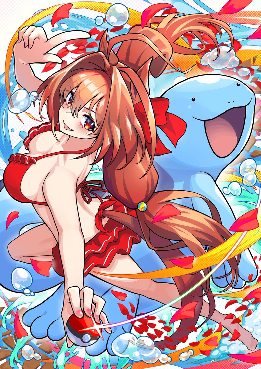 1girl :3 :d animal_ears antenna_hair bikini breasts brown_hair bubble crossover daiwa_scarlet_(umamusume) fang from_behind hair_intakes highres horse_ears horse_girl horse_tail large_breasts long_hair looking_at_viewer low_twintails nabe_saori open_mouth petals poke_ball pokemon pokemon_(creature) quagsire red_bikini red_eyes rose_petals skin_fang smile swimsuit tail twintails umamusume