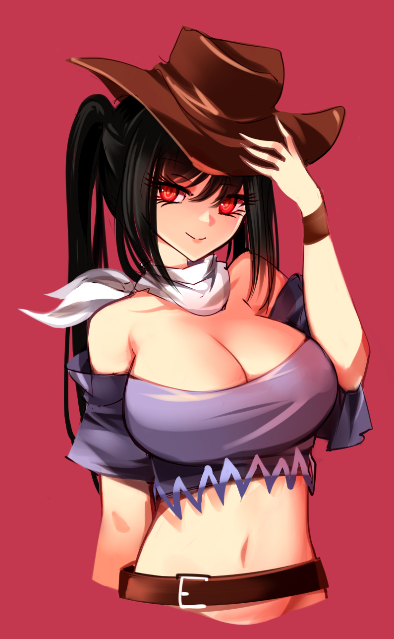 1girl arm_up bangs bare_shoulders belt black_hair breasts brown_belt brown_headwear closed_mouth cowboy_hat eyebrows_visible_through_hair eyes_visible_through_hair hair_between_eyes hand_on_headwear hand_up hat highres kurokoma_saki large_breasts long_hair looking_to_the_side navel no_wings off-shoulder_shirt off_shoulder pink_background pink_skirt ponytail purple_shirt raptor7 red_eyes scarf shirt short_sleeves simple_background skirt smile solo symbol-only_commentary t-shirt touhou upper_body white_scarf wristband