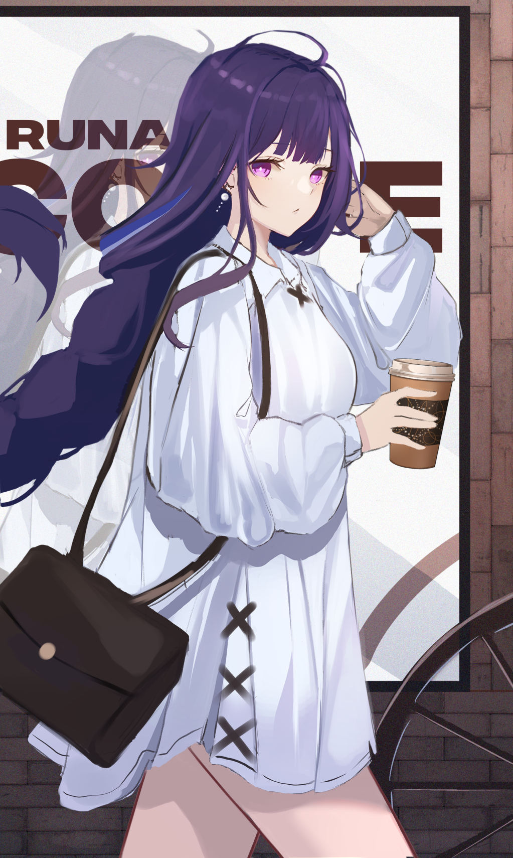1girl ahoge alternate_costume bag braid casual closed_mouth coffee_cup cowboy_shot cup day disposable_cup dress earrings from_side genshin_impact handbag highres holding holding_cup jewelry long_hair long_sleeves looking_at_viewer looking_to_the_side outdoors puffy_long_sleeves puffy_sleeves purple_hair raiden_shogun reflection runa_(user_guwn7382) shoulder_bag single_braid solo very_long_hair wheel white_dress