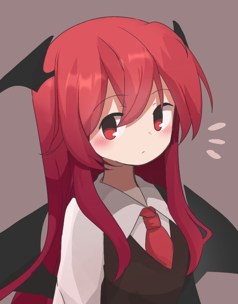 1girl bat_wings blush dako_ovo dress_shirt grey_background head_wings koakuma long_hair long_sleeves looking_at_viewer necktie notice_lines red_eyes redhead shirt simple_background solo touhou upper_body vest white_shirt wings