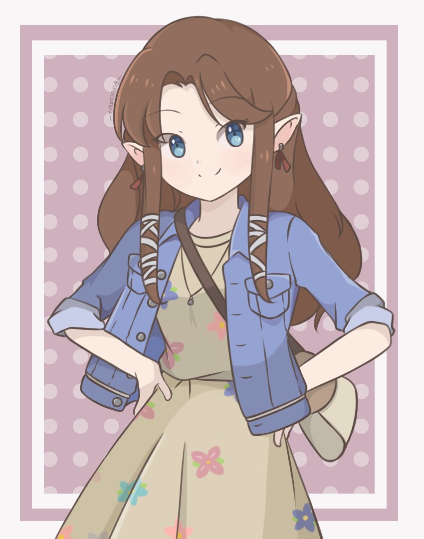 1girl alternate_costume artist_name bag blue_eyes casual chocomiru dress earrings eyebrows_visible_through_hair floral_print handbag jewelry long_hair looking_at_viewer polka_dot polka_dot_background princess_zelda smile super_smash_bros. the_legend_of_zelda upper_body