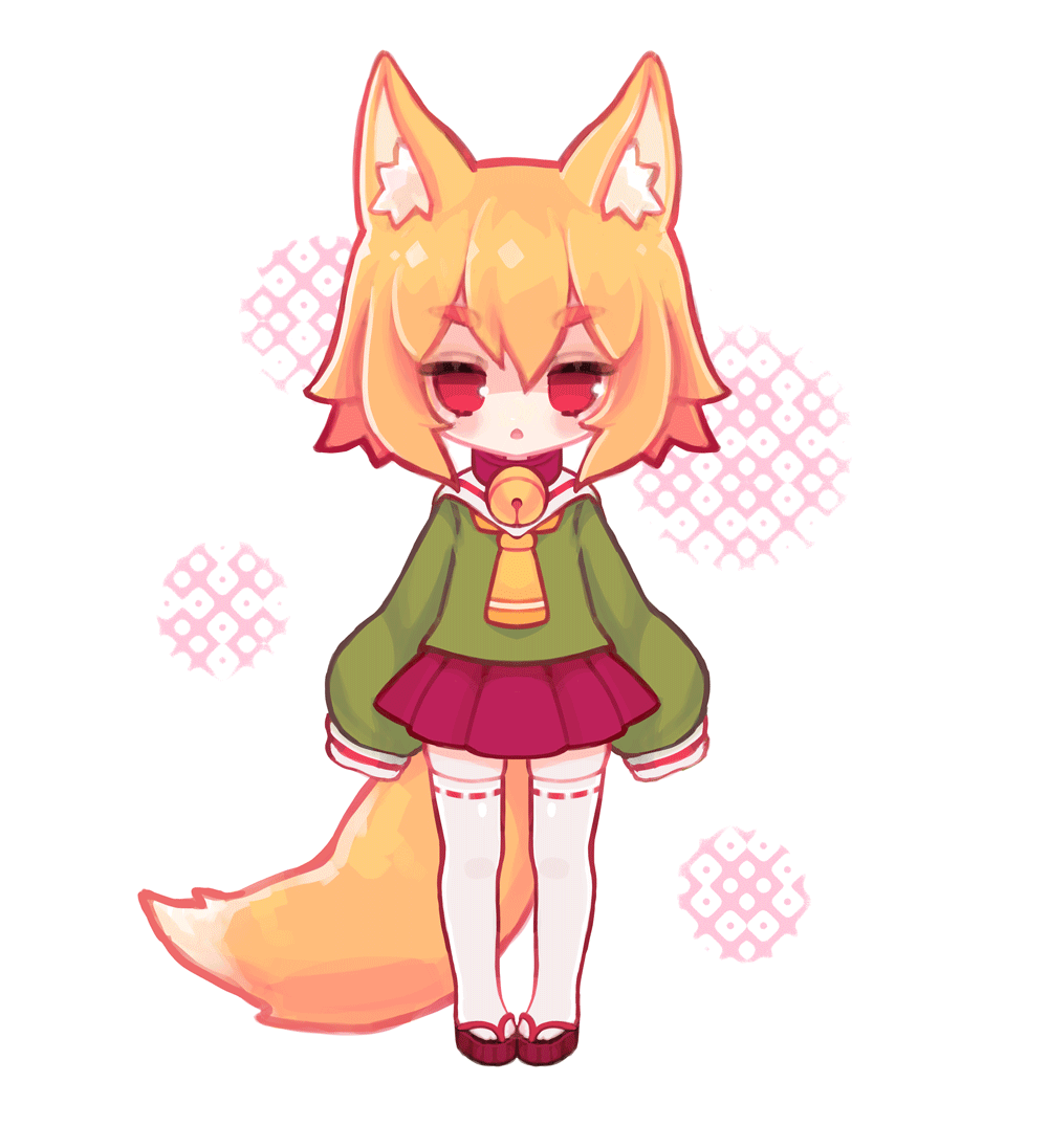1girl :o akane_stradanya animal_ear_fluff animal_ears animated animated_gif bangs bell blonde_hair borrowed_character brown_footwear collar commentary eyebrows_visible_through_hair fox_ears fox_girl fox_tail full_body green_shirt hair_between_eyes jingle_bell kemomimi-chan_(naga_u) long_sleeves looking_at_viewer neck_bell original parted_lips pleated_skirt red_collar red_eyes red_skirt ribbon-trimmed_legwear ribbon_trim shirt short_eyebrows skirt sleeves_past_fingers sleeves_past_wrists solo standing straight-on tail thick_eyebrows thigh-highs white_background white_legwear zouri