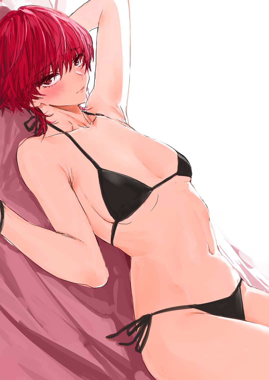 1girl arm_up bangs bed_sheet bikini black_bikini blush breasts collarbone cowboy_shot eyebrows_visible_through_hair from_side goshiki_suzu highres holding holding_sheet leaning_back looking_at_viewer micro_bikini navel original red_eyes red_sheet redhead short_hair simple_background sketch solo string_bikini swimsuit thighs white_background