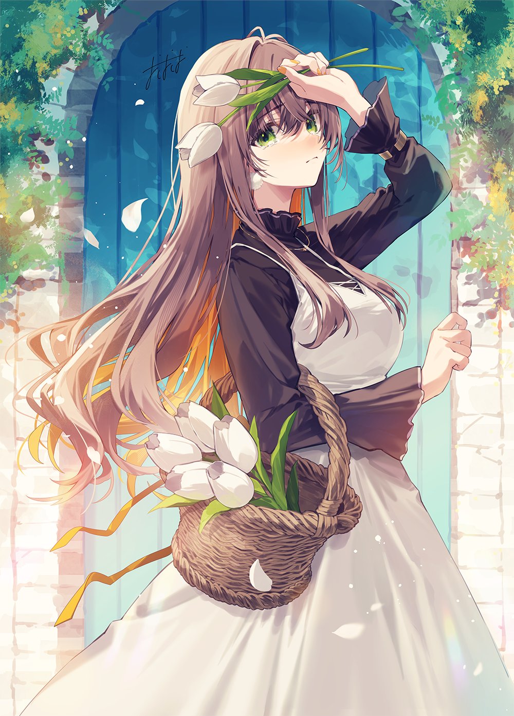 1girl black_shirt blush breasts brown_hair crying crying_with_eyes_open door dress ear_piercing falling_petals flower frown green_eyes hair_between_eyes hair_blowing hand_up highres holding holding_flower jewelry large_breasts leaf long_dress long_hair long_skirt long_sleeves looking_at_viewer looking_to_the_side medium_breasts necklace original oshio_(dayo) petals piercing shiny shirt signature skirt teardrop tears very_long_hair white_dress white_skirt