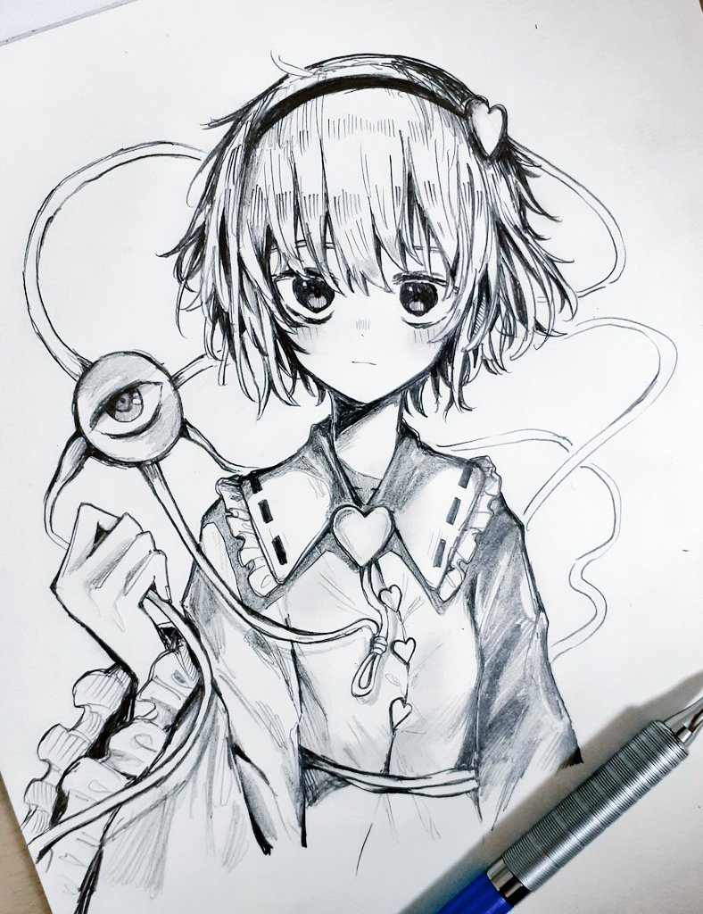 1girl :| ballpoint_pen_(medium) bangs blouse blush buttons closed_mouth commentary cropped_torso expressionless eyebrows_behind_hair frilled_shirt_collar frilled_sleeves frills greyscale hair_ornament hairband hand_up heart heart_button heart_hair_ornament komeiji_satori long_sleeves looking_at_viewer monochrome photo_(medium) ribbon_trim shirt short_hair solo takoiro third_eye touhou traditional_media upper_body wide_sleeves