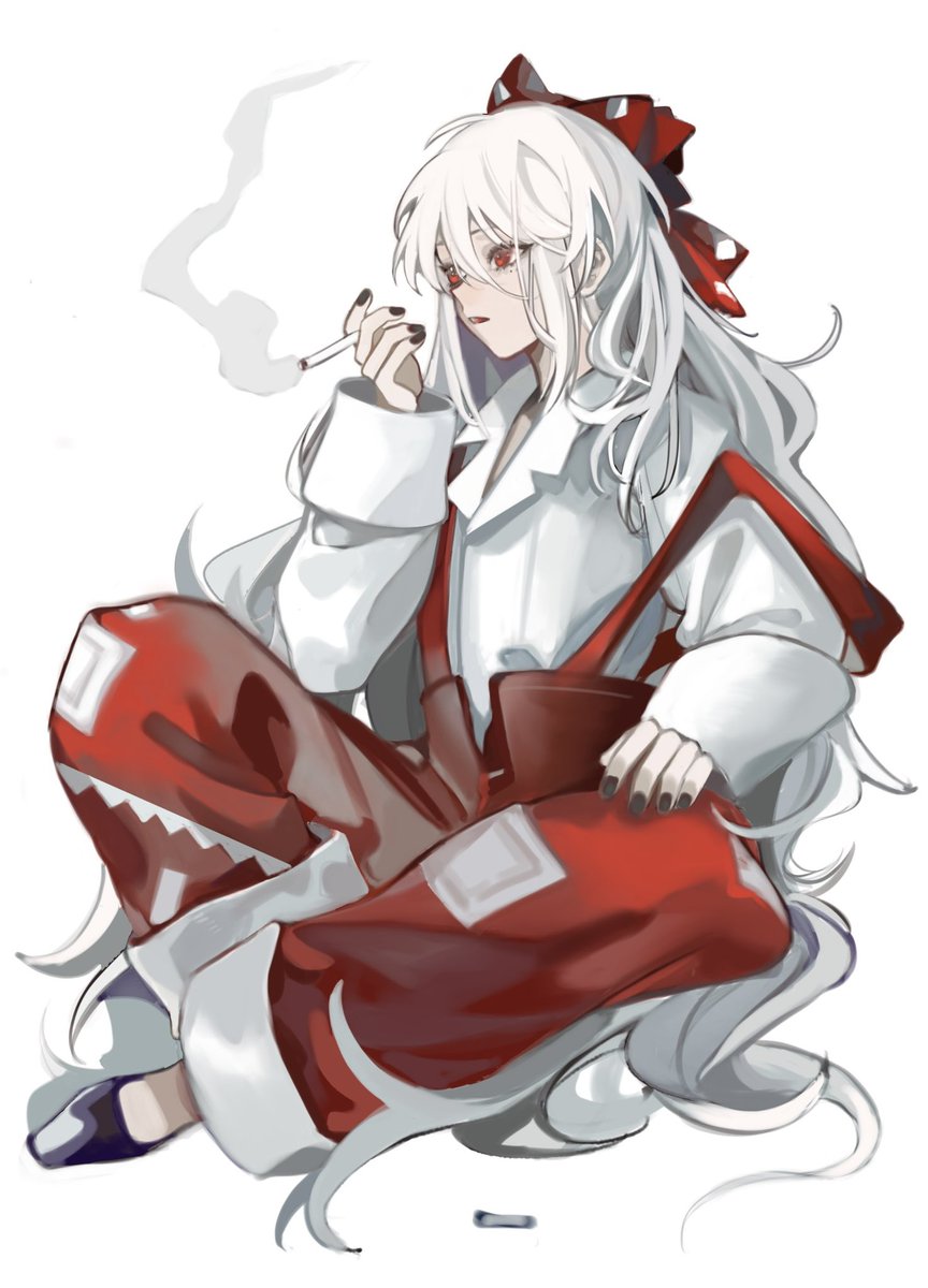 1girl bad_id bad_twitter_id black_footwear black_nails bow cigarette collared_shirt commentary eyebrows_behind_hair fingernails fujiwara_no_mokou full_body hair_between_eyes hair_bow hand_up highres holding holding_cigarette indian_style long_hair long_sleeves looking_afar nail_polish ofuda ofuda_on_clothes pants parted_lips red_bow red_eyes red_pants shirt shoes simple_background sitting sleeve_cuffs smoke smoking solo suspenders tokinhr touhou very_long_hair white_background white_hair white_shirt
