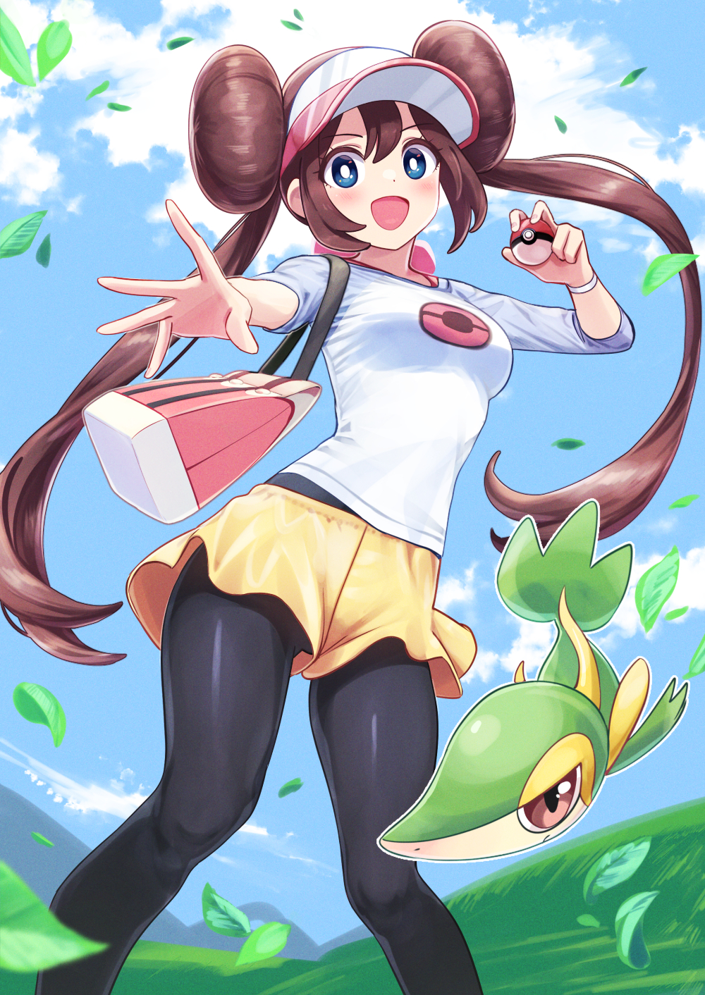 1girl :d bag black_legwear blue_eyes blue_sky blush breasts brown_hair clouds deadnooodles double_bun feet_out_of_frame field floating_hair grass handbag highres leaf legwear_under_shorts long_hair long_sleeves looking_at_viewer medium_breasts open_hand open_mouth outdoors outstretched_arm pantyhose poke_ball_print pokemon pokemon_(game) pokemon_bw2 print_shirt raglan_sleeves rosa_(pokemon) shirt shorts sky smile snivy twintails visor_cap wristband yellow_shorts