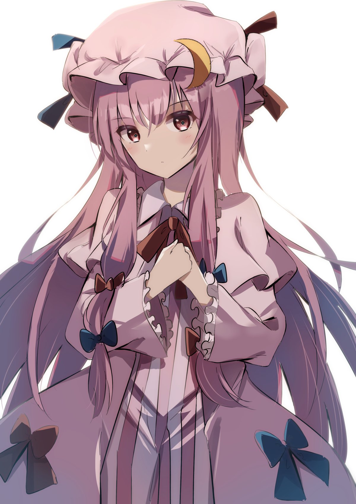 1girl bangs blue_bow bow capelet closed_mouth crescent crescent_pin dress eyebrows_visible_through_hair hair_bow hat highres long_hair long_sleeves looking_at_viewer mob_cap multiple_bows natsume_suzuri own_hands_together patchouli_knowledge pink_capelet pink_dress pink_headwear purple_hair red_bow sidelocks simple_background solo standing striped striped_dress touhou violet_eyes white_background