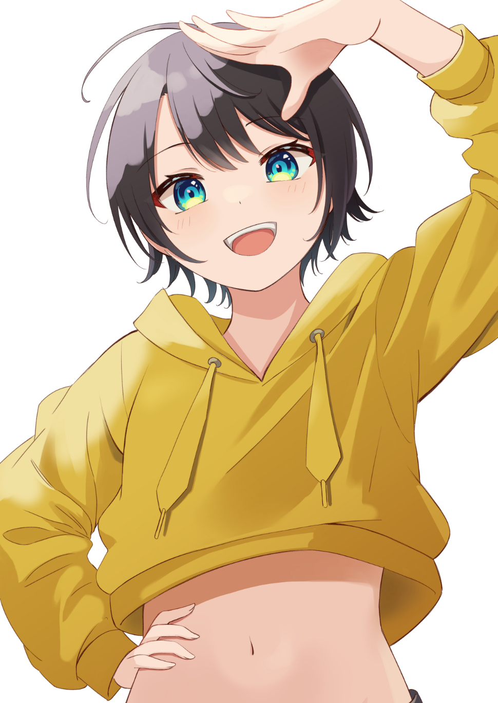 1girl :d arm_up bangs black_hair green_eyes highres hololive hood hoodie kamachi_(kamati0maru) long_sleeves looking_at_viewer navel oozora_subaru open_mouth salute short_hair simple_background smile solo virtual_youtuber white_background yellow_hoodie