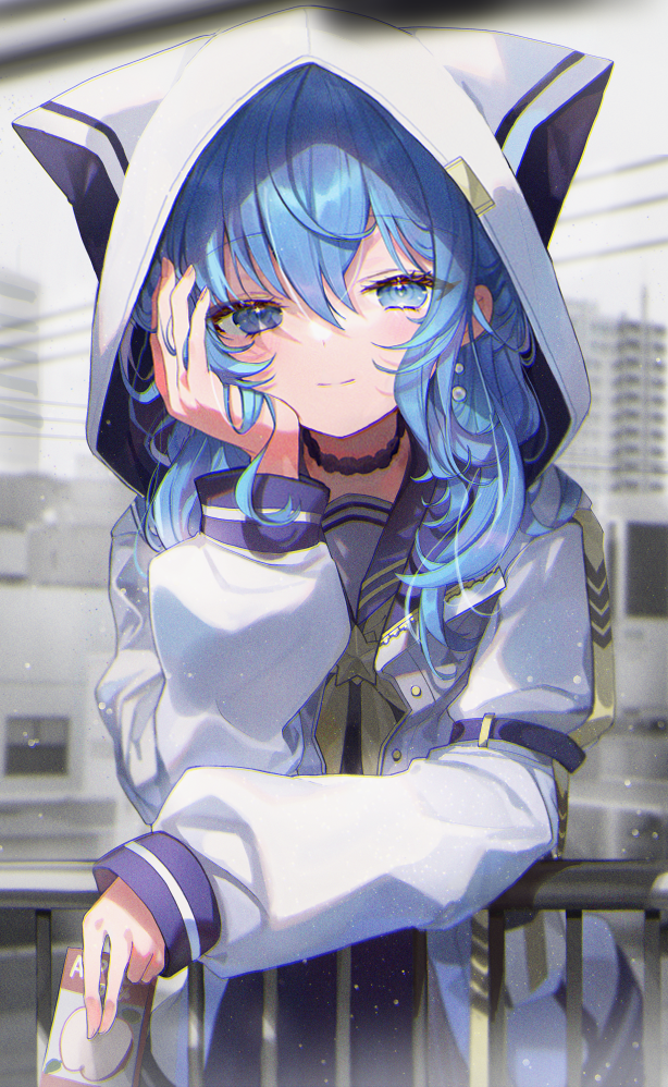 1girl against_railing arm_strap bangs black_choker blue_eyes blue_hair blush bow choker city closed_mouth cowboy_shot day earrings eyebrows_visible_through_hair hand_on_own_cheek hand_on_own_face holding hololive hood hood_up hooded_jacket hoshimachi_suisei jacket jewelry juice_box light_particles long_hair long_sleeves looking_at_viewer open_clothes open_jacket outdoors railing shiohana sleeves_past_wrists smile solo star_(symbol) white_jacket yellow_bow