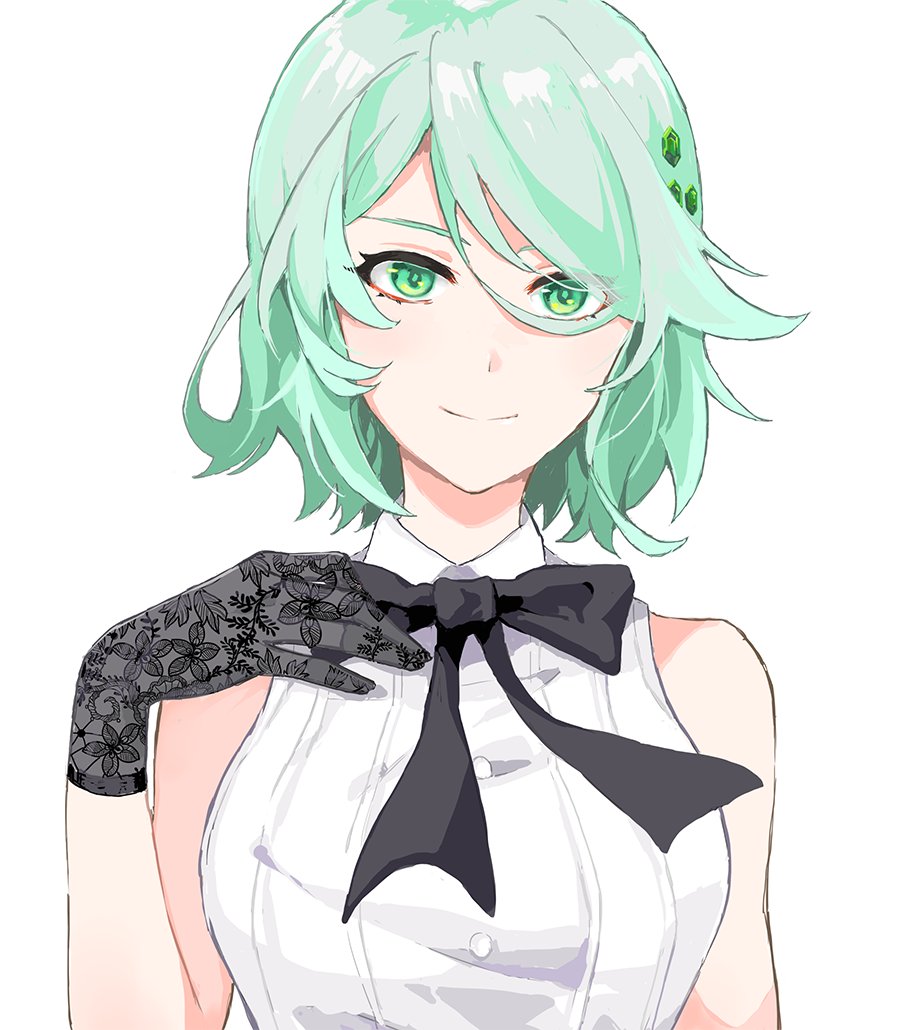 1girl bangs bare_shoulders black_bow black_bowtie black_gloves bow bowtie breasts buttons chinese_commentary closed_mouth collared_shirt commentary_request elle_(revue_starlight) floral_print gloves green_eyes green_hair hair_between_eyes hair_ornament hand_up looking_at_viewer medium_breasts print_gloves rowan_(kanonsecret) shirt short_hair shoujo_kageki_revue_starlight shoujo_kageki_revue_starlight_-re_live- simple_background sleeveless sleeveless_shirt smile solo swept_bangs upper_body white_background white_shirt