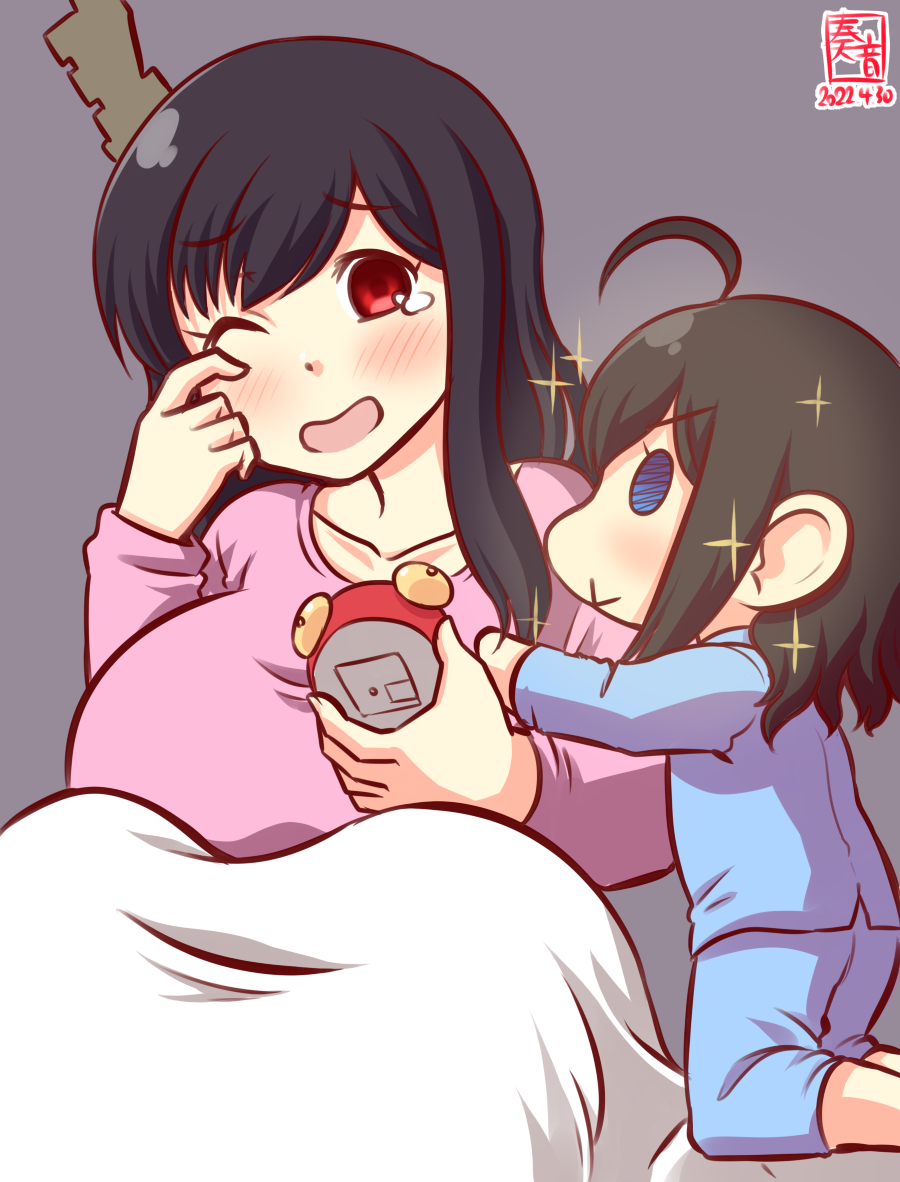 2girls ahoge alarm_clock alternate_costume artist_logo black_hair blue_eyes blue_pajamas clock collarbone commentary_request dated hair_ornament kanon_(kurogane_knights) kantai_collection multiple_girls one-hour_drawing_challenge one_eye_closed open_mouth pajamas pink_shirt red_eyes shigure_(kancolle) shirt short_hair smile sparkle tears waking_up yamashiro_(kancolle) younger