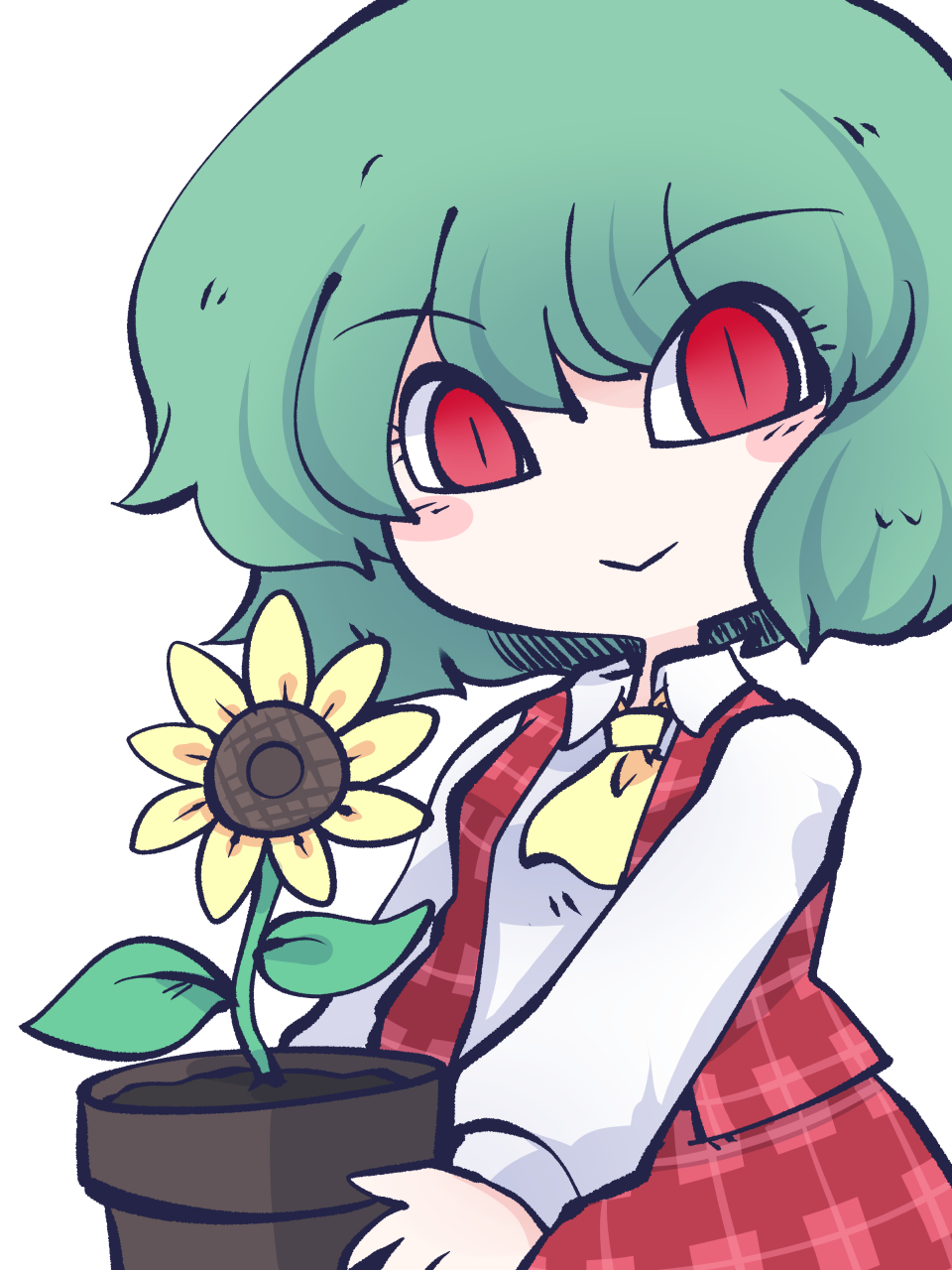 1girl ascot chibi collared_shirt commentary_request flower flower_pot fried_rice0614 frilled_skirt frills green_hair highres kazami_yuuka long_skirt long_sleeves plaid plaid_skirt plaid_vest plant red_eyes red_skirt red_vest shirt simple_background skirt skirt_set slit_pupils smile solo sunflower touhou vest wavy_hair white_background white_shirt yellow_ascot