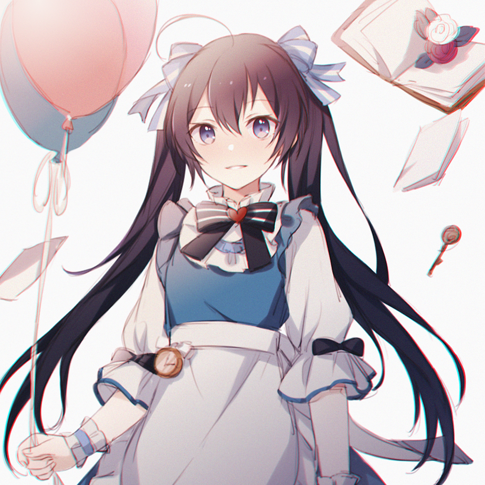 1girl alice_(alice_in_wonderland) alice_(alice_in_wonderland)_(cosplay) balloon bungou_stray_dogs clock cosplay holding holding_balloon izumi_kyouka_(bungou_stray_dogs) looking_at_viewer smile solo tohoko_kiri twintails