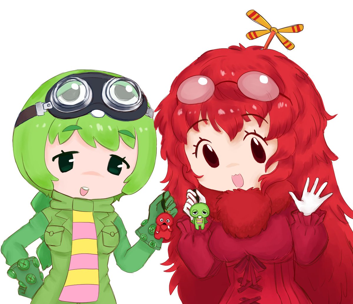 corset eyewear_on_head gachapin gloves goggles goggles_on_head green_hair kemono_friends keychain mukku redhead scarf