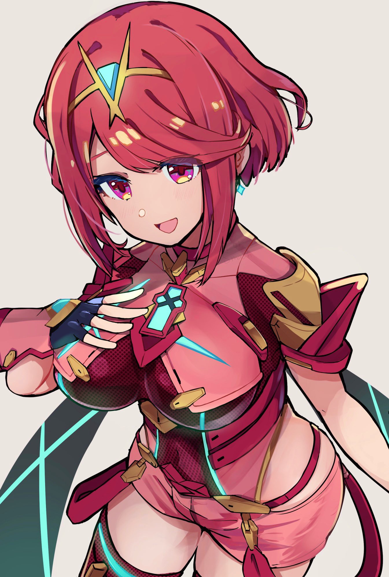 1girl bangs black_gloves breasts chest_jewel earrings fingerless_gloves gem gloves headpiece highres hirotaka_(hrtk990203) jewelry large_breasts pyra_(xenoblade) red_eyes red_legwear red_shorts redhead short_hair short_shorts shorts solo swept_bangs thigh-highs tiara xenoblade_chronicles_(series) xenoblade_chronicles_2